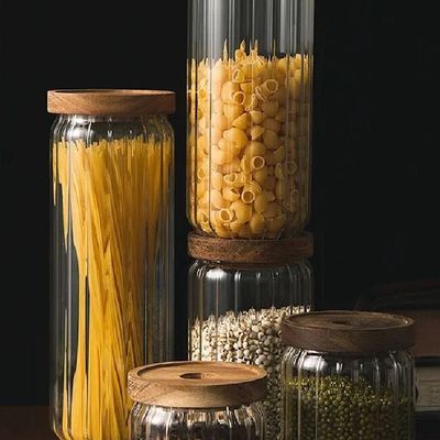 1CHASE Borosilicate Stripe Glass Food Storage Jar With Acacia Wood Air Tight Lid, Set Of 3, 500 ML