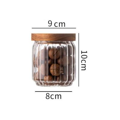 1CHASE Borosilicate Stripe Glass Food Storage Jar With Acacia Wood Air Tight Lid, Set Of 3, 500 ML