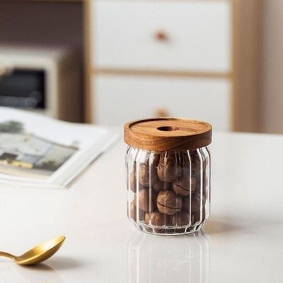 1CHASE Borosilicate Stripe Glass Food Storage Jar With Acacia Wood Air Tight Lid, Set Of 3, 500 ML