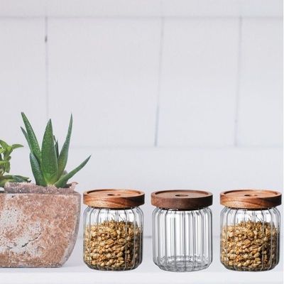 1CHASE Borosilicate Stripe Glass Food Storage Jar With Acacia Wood Air Tight Lid, Set Of 3, 500 ML