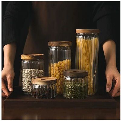 1CHASE Borosilicate Stripe Glass Food Storage Jar With Acacia Wood Air Tight Lid, Set Of 3, 500 ML