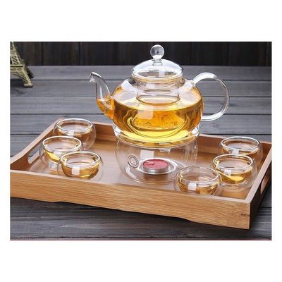 1CHASE Borosilicate Heat Resistant Glass Teapot with Tea Warmer and 50 ml Double Wall Glass 6 Pc Set