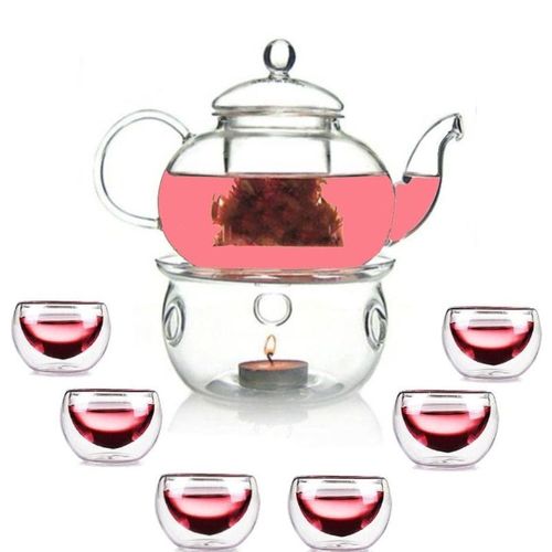 1CHASE Borosilicate Heat Resistant Glass Teapot with Tea Warmer and 50 ml Double Wall Glass 6 Pc Set