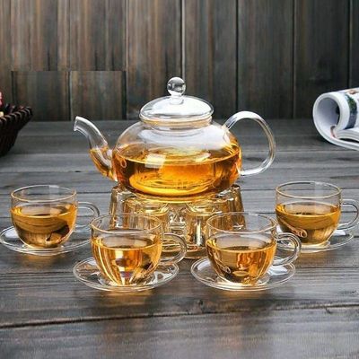 1CHASE Glass Tea Set- Borosilicate Teapot With Heart Shape Tea Warmer And 4 Tea Cups