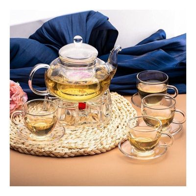 1CHASE Glass Tea Set- Borosilicate Teapot With Heart Shape Tea Warmer And 4 Tea Cups