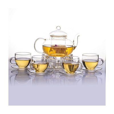 1CHASE Glass Tea Set- Borosilicate Teapot With Heart Shape Tea Warmer And 4 Tea Cups