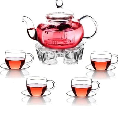 1CHASE Glass Tea Set- Borosilicate Teapot With Heart Shape Tea Warmer And 4 Tea Cups