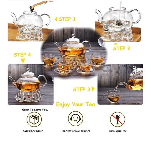1CHASE Glass Tea Set- Borosilicate Teapot With Heart Shape Tea Warmer And 4 Tea Cups