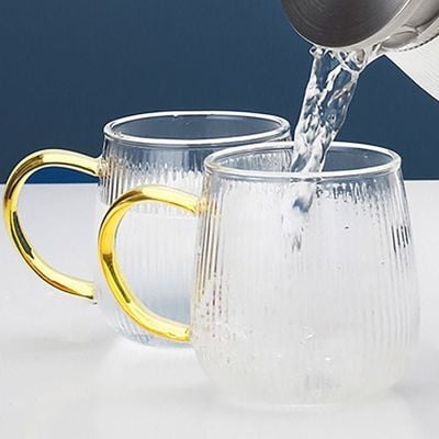 1Chase Set Of 3 Heat Resistant Borosilicate 1500 ML Glass Water Pitcher With Stainless Steel Strainer Lid With Set Of 2 Pcs 350 ML Glass Mugs