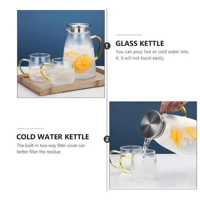 1Chase Set Of 3 Heat Resistant Borosilicate 1500 ML Glass Water Pitcher With Stainless Steel Strainer Lid With Set Of 2 Pcs 350 ML Glass Mugs