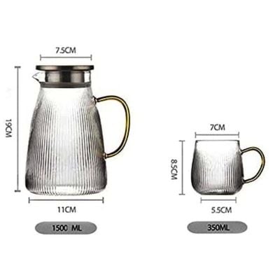 1Chase Set Of 3 Heat Resistant Borosilicate 1500 ML Glass Water Pitcher With Stainless Steel Strainer Lid With Set Of 2 Pcs 350 ML Glass Mugs