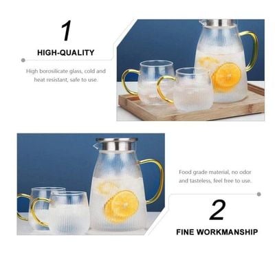 1Chase Set Of 3 Heat Resistant Borosilicate 1500 ML Glass Water Pitcher With Stainless Steel Strainer Lid With Set Of 2 Pcs 350 ML Glass Mugs