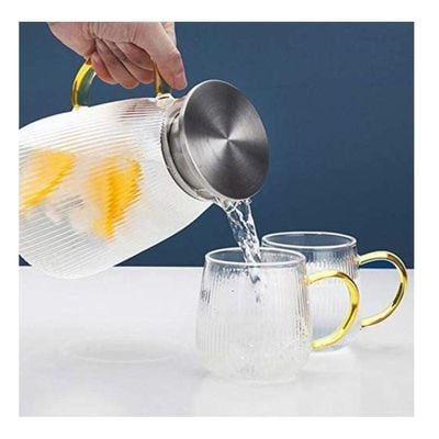 1Chase Set Of 3 Heat Resistant Borosilicate 1500 ML Glass Water Pitcher With Stainless Steel Strainer Lid With Set Of 2 Pcs 350 ML Glass Mugs