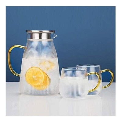 1Chase Set Of 3 Heat Resistant Borosilicate 1500 ML Glass Water Pitcher With Stainless Steel Strainer Lid With Set Of 2 Pcs 350 ML Glass Mugs