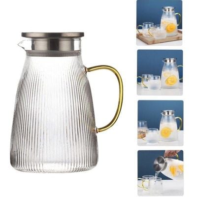 1Chase Set Of 3 Heat Resistant Borosilicate 1500 ML Glass Water Pitcher With Stainless Steel Strainer Lid With Set Of 2 Pcs 350 ML Glass Mugs