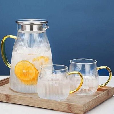 1Chase Set Of 3 Heat Resistant Borosilicate 1500 ML Glass Water Pitcher With Stainless Steel Strainer Lid With Set Of 2 Pcs 350 ML Glass Mugs