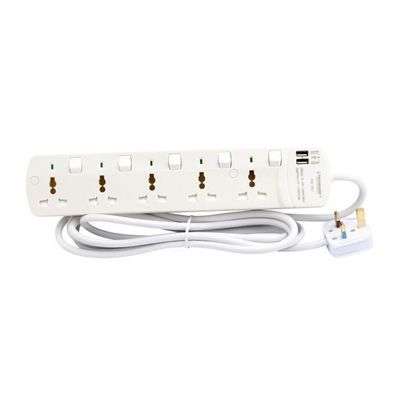 5-Way Universal Power Extension Socket With 2 USB Port White