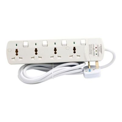 Surge Protection 4 Way Universal Power Extension Socket With Individual Switches & Indicators 3M 13A White 30x5x13cm