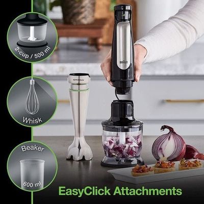 3-in-1 Immersion Hand, Powerful Stainless Steel Stick Blender Variable Speed + 2-Cup Food Processor, Whisk, Beaker, Faster, Finer Blending, MultiQuick 500 W MQ 7035X Black and Silver