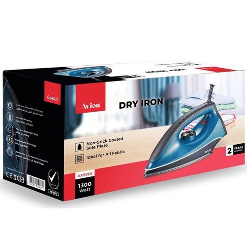 AVION DRY IRON NON-STICK COATING SOLO PLATE The base plate of this iron is has a non-stick coating and is suitable for all fabric types. Light Weight–ADJUSTABLE THERMOSTAT CONTROL AX59DI