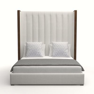 Grasser Upholstered Low Profile Standard160X200 Queen Bed Frame Standard Size in Beige  | Elegant Upholstered Bed with Vertical Stitching | Modern Design with Tall Padded Headboard With Wings  | Sturdy Base | Soft Fabric Finish | Ideal for Bedrooms & Villas