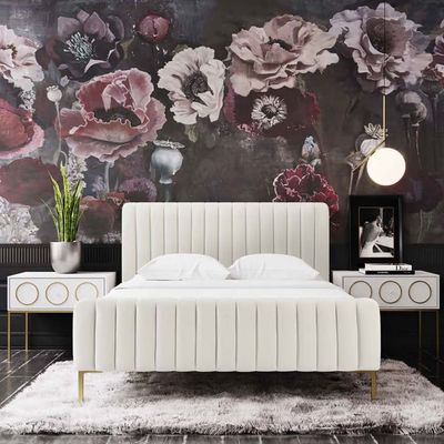 Angela Channel Tufted Queen Bed Frame 160x200cm in Cream | Elegant Upholstered Bed with Vertical Stitching | Modern Design with Padded Headboard | Sturdy  Base | Soft Fabric Finish | Ideal for Bedrooms & Villas