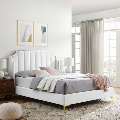 Daniella Channel Tufted Queen Bed Frame 160x200cm in White | Elegant Upholstered Bed with Vertical Stitch Headboard | Modern Design with Soft Fabric Finish | Sturdy  Base | Perfect for Contemporary Bedrooms & Villas