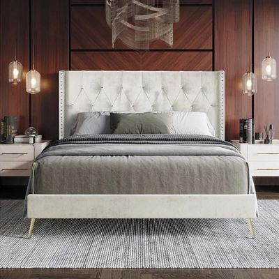 Caroline 160X200 Queen Bed Velvet/Beige 