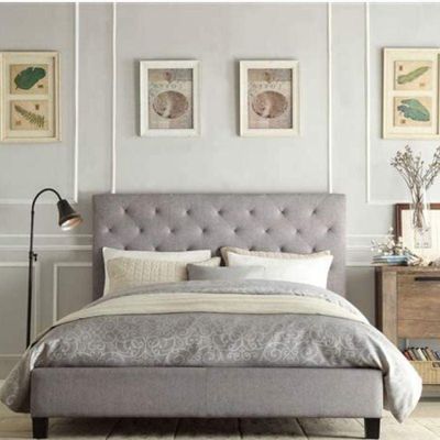 R2R Simplicity Gray Upholstered Platform Queen Size Bed with Button Tufted Headboard