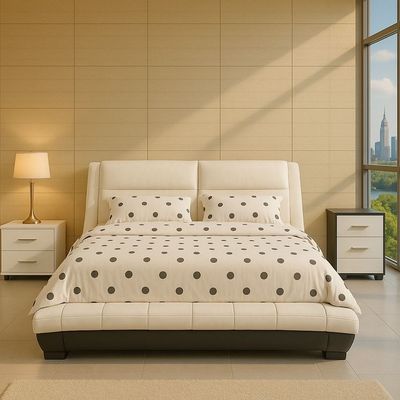 HOMEGENIE ELEGANT SLEIGH BEDFRAME WITH PREMIUM POCKET SPRING MATTRESS, NO STORAGE GREY AND CREAM LEATHER (SUPER KING SIZE (200X200))