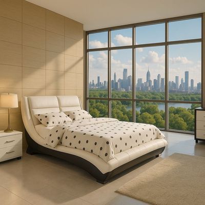 HOMEGENIE ELEGANT SLEIGH BEDFRAME WITH PREMIUM POCKET SPRING MATTRESS, NO STORAGE GREY AND CREAM LEATHER (SUPER KING SIZE (200X200))