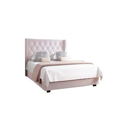 R2R Safina Wing Back Double Ottoman Bed in Light Pink Velvet With Mattress Super King Size : 200X200