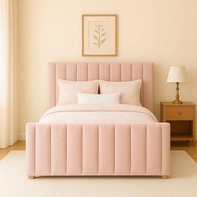 Safina Wing Back Double Ottoman Bed in Light Pink Velvet With Mattress Super King Size : 200X200