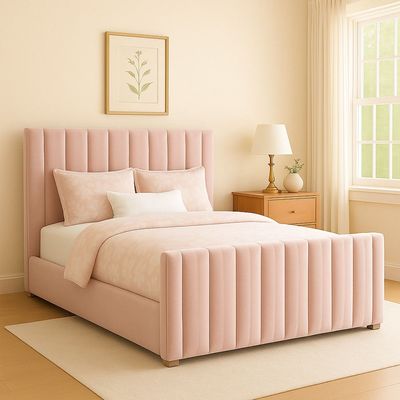 Safina Wing Back Double Ottoman Bed in Light Pink Velvet With Mattress Super King Size : 200X200