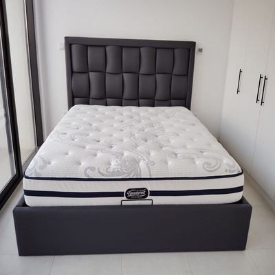 Cubix designed headboard black leather Upholstered Super King Size Bed with hydraulic storage (200x 200 ) mattress not included