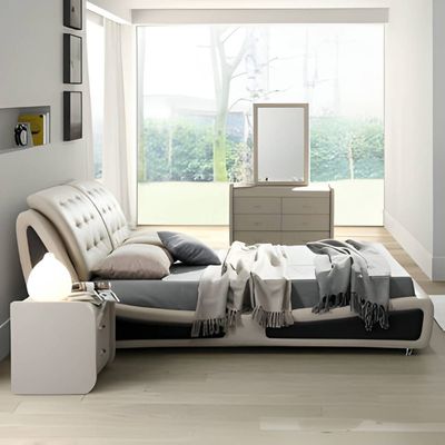 Glorious Bed With Curve Side Look Faux Leather Dark Beige