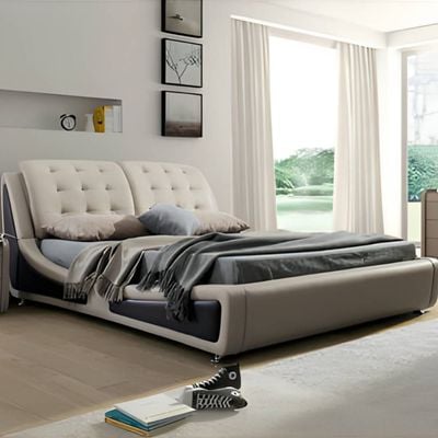 Glorious Bed With Curve Side Look Faux Leather Dark Beige