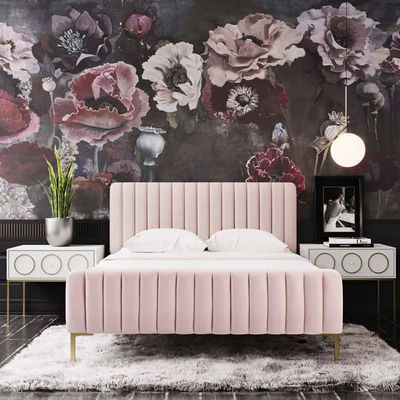 Angela Channel Tufted Single Bed Frame 100x200cm in Pink | Elegant Upholstered Bed with Vertical Stitching | Modern Design with Padded Headboard | Sturdy  Base | Soft Fabric Finish | Ideal for Bedrooms & Villas