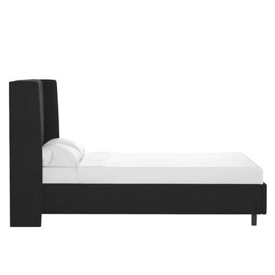 Goodrich Velvet Upholstered  Super King  Bed Frame 200x200cm in Black-Elegant Upholstered Bed with Plain Headboard-Modern Design with Wingback Headboard-Sturdy Base-Soft Fabric Finish-Ideal for Bedrooms & Villas
