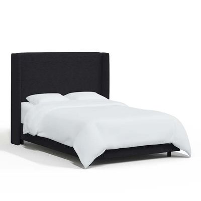 Goodrich Velvet Upholstered  Super King  Bed Frame 200x200cm in Black-Elegant Upholstered Bed with Plain Headboard-Modern Design with Wingback Headboard-Sturdy Base-Soft Fabric Finish-Ideal for Bedrooms & Villas
