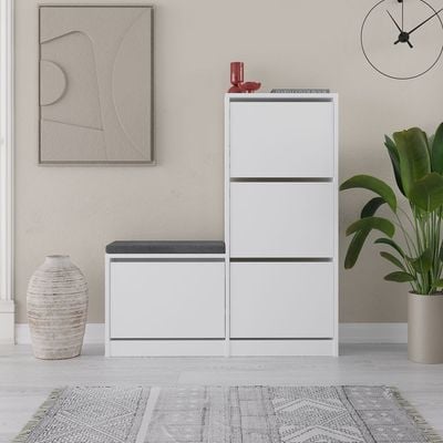 Mourah Dude Bench & Shoe Cabinet - 16 Pairs - White - 2 Years Warranty