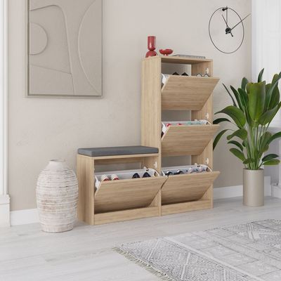 Mourah Dude Bench & Shoe Cabinet - 16 Pairs - Oak - 2 Years Warranty