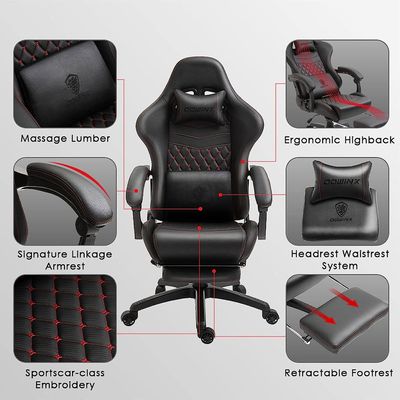 Dowinx Gaming Chair Office Chair PC Chair with Massage Lumbar Support, Racing Style PU Leather High Back Adjustable Swivel Task Chair with Footrest (Black&Red) by Mahmayi