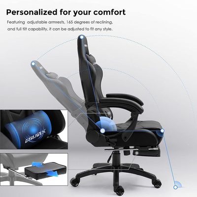 Mahmayi Gaming Chair Ergonomic Office Recliner for Computer with Massage Lumbar Support, Racing Style Armchair PU Leather E-Sports Gamer Chairs with Retractable Footrest (Black)