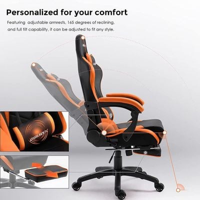 Dowinx Gaming Chair Ergonomic Racing Style Recliner with Massage Lumbar Support, Office Armchair for Computer PU Leather E-Sports Gamer Chairs with Retractable Footrest (Black&Orange)