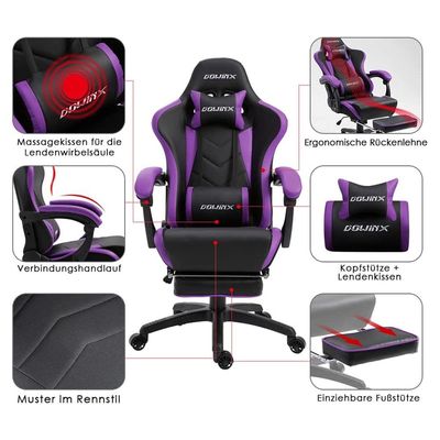 Dowinx Gaming Chair Ergonomic Racing Style Recliner with Massage Lumbar Support, Office Armchair for Computer PU Leather E-Sports Gamer Chairs with Retractable Footrest (Black&Purple)