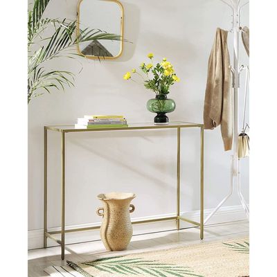 Vasagle Console Table, Tempered Glass Table, Modern Sofa or Entryway Table, Metal Frame, Sturdy, Adjustable Feet, for Living Room, Hallway, Golden LGT26G by Mahmayi