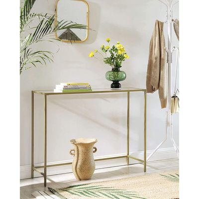 Mahmayi Console Table, Tempered Glass Table, Modern Sofa or Entryway Table, Metal Frame, Sturdy, Adjustable Feet, for Living Room, Hallway, Golden LGT26G