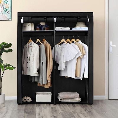 Mahmayi Wardrobe with 2 Clothes Rails, Clothes Storage, Fabric Cabinet, Clothes Rack, Foldable, Dressing Room, Bedroom, 43 x 140 x 174 cm, Black RYG02BK