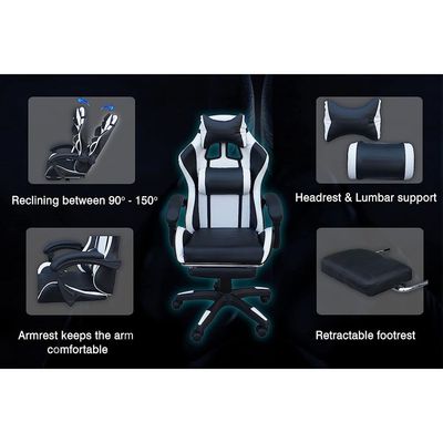 Mahmayi TJ HYG-02 Gaming Chair with Footrest & PU Leatherette High Back Ergonomic Swivel, Tilt Tension Adjustment (Black/White, With Footrest)
